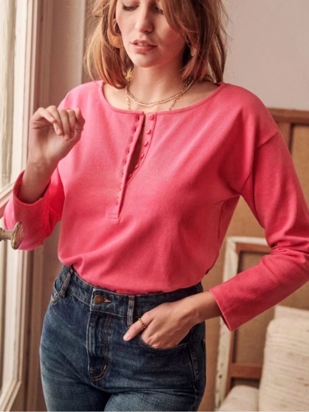Sezane Paris Gatsby Mariniere Pink/Rose Bubble Long Sleeve button Size large